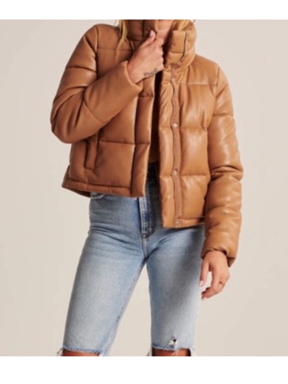Abercrombie & Fitch Cropped Faux Leather Puff-Style Jacket - Camel, Size M